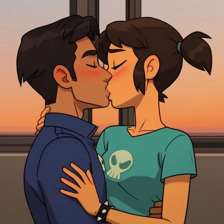 Expressive, score_9, score_8_up, score_7_up, score_6_up, score_5_up, score_4_up, 1 boy, 1 girl, heterosexual, closed eyes, fake screenshot, blush, dark skin, subtitled, (dark-skinned male_high_top_fade_hairstyle_short hair,jacket,jeans),break, ass grab, sunset, couple, groping breast,side profile, train interior, ground vehicle, medium wide shot, full shot, bokeh, collarbone, <lora:BeckerPony2.0:0.9>Becker Denoga, 1girl, solo, brown hair, short twintails, brown eyes, spiked bracelet, teal shirt, skull logo on shirt, ripped jeans, purple sneakersl, fit, apple bottom figure, sneakers, (simple background:1.2), <lora:clothespull:0.7>, source cartoon,kissing each other on the lips