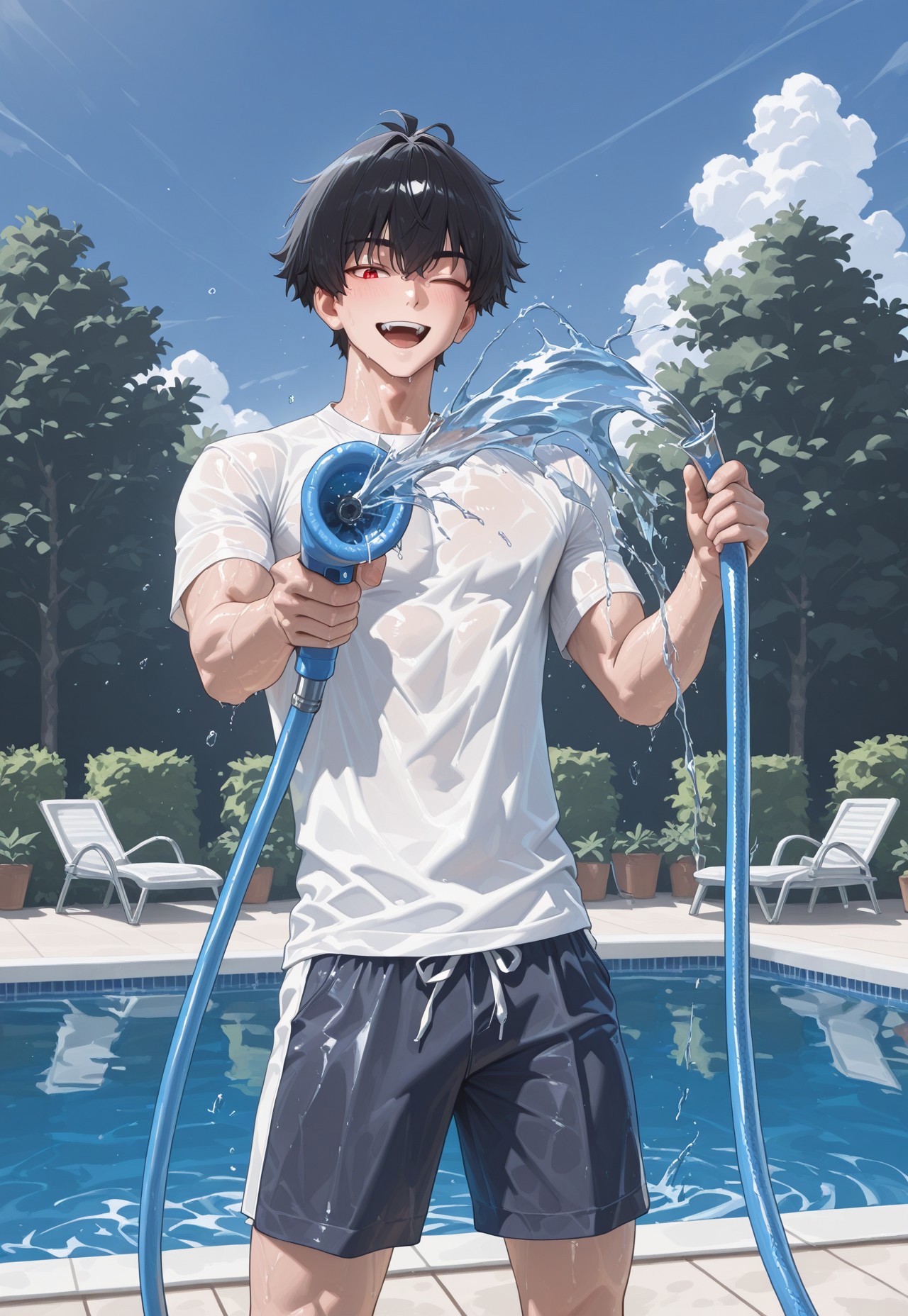 masterpiece, best quality, newest, absurdres, highres, sfw, rating:safe, tagatamedios,, 1boy,  handsome man, middle hair, red eyes, short hair, 4k, hd, HDR, amazing quality, best quality, high resolution, goldenfieldszho, newest, very aesthetic, summer, water hose, holding water hose, aiming at viewer, shooting water, open smile, one eye closed, casual clothes, white shirt, shorts, day, pool, garden