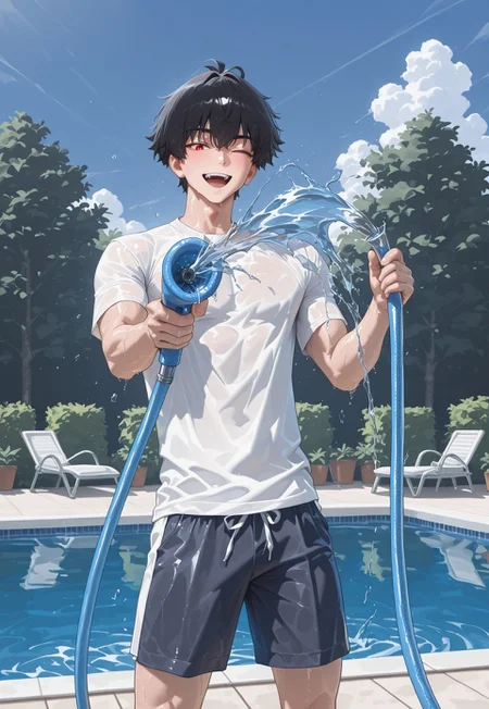 masterpiece, best quality, newest, absurdres, highres, sfw, rating:safe, tagatamedios,, 1boy, handsome man, middle hair, red eyes, short hair, 4k, hd, HDR, amazing quality, best quality, high resolution, goldenfieldszho, newest, very aesthetic, summer, water hose, holding water hose, aiming at viewer, shooting water, open smile, one eye closed, casual clothes, white shirt, shorts, day, pool, garden