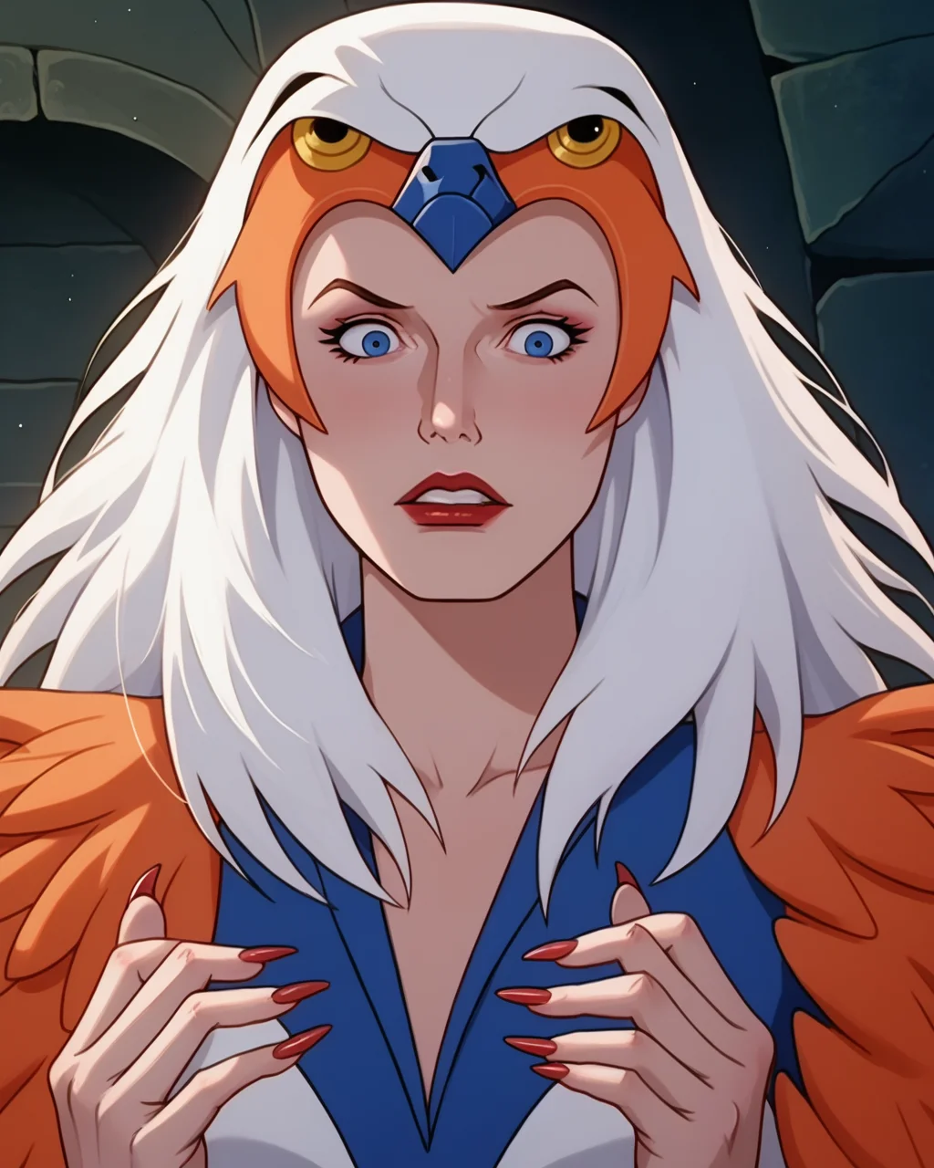 score_9, score_8_up, score_7_up, masterpiece,best quality,amazing quality, absurdres, source_cartoon, 1girl, solo, <lora:motu_sorc:1> motu_sorc, sorc, ruffled headdress, blue eyes, lips parted, teeth, blue white leotard, orange feather cape, concerned, transforming, upper body, hands, looking at hands, sharp nails