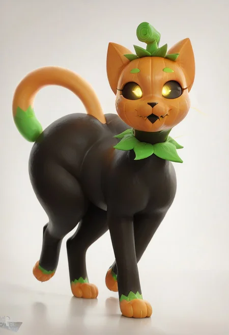 3D, score_9, score_8_up, score_7_up, rating_explicit, voluptuous feral body, detailed background, slight blush, black fur, Cat-O-Lantern, Pumkat, cat, pumpkin head smooth body, feline, wide hips, thick thighs, plump plush body, cute, walking puffy paws, full feline body, mature, blank white gradient background
