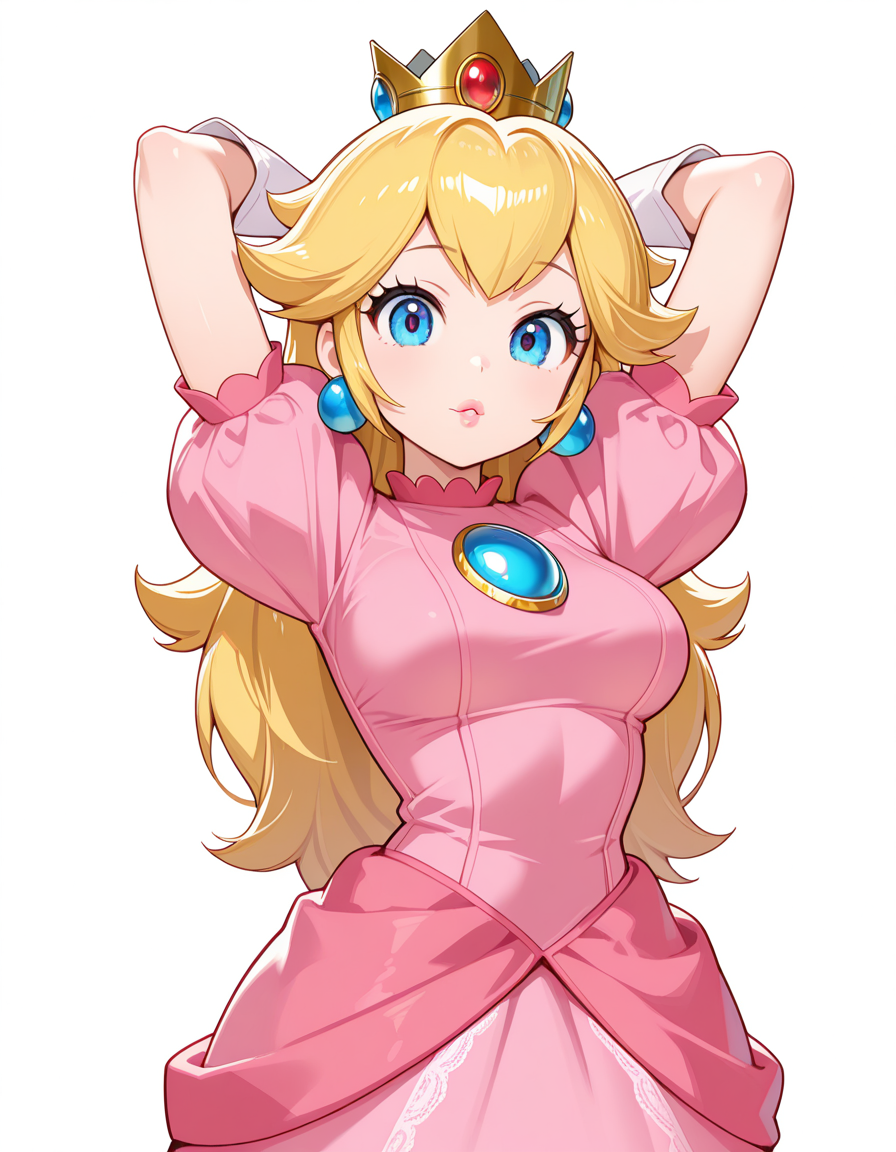 masterpiece, best quality, amazing quality,, <lora:princess-peach-illustriousxl-lora-nochekaiser:1>, princess peach, blonde hair, blue eyes, long hair, mature female, medium breasts,, crown, dress, gem, gloves, pink dress, puffy short sleeves, puffy sleeves, short sleeves, white gloves,, hands behind head,, roller coaster, tracks, speed, fun, thrill, cowboy shot, solo, looking at viewer, <lora:transparent-background-illustriousxl-lora-nochekaiser:1>, transparent background, simple background, white background