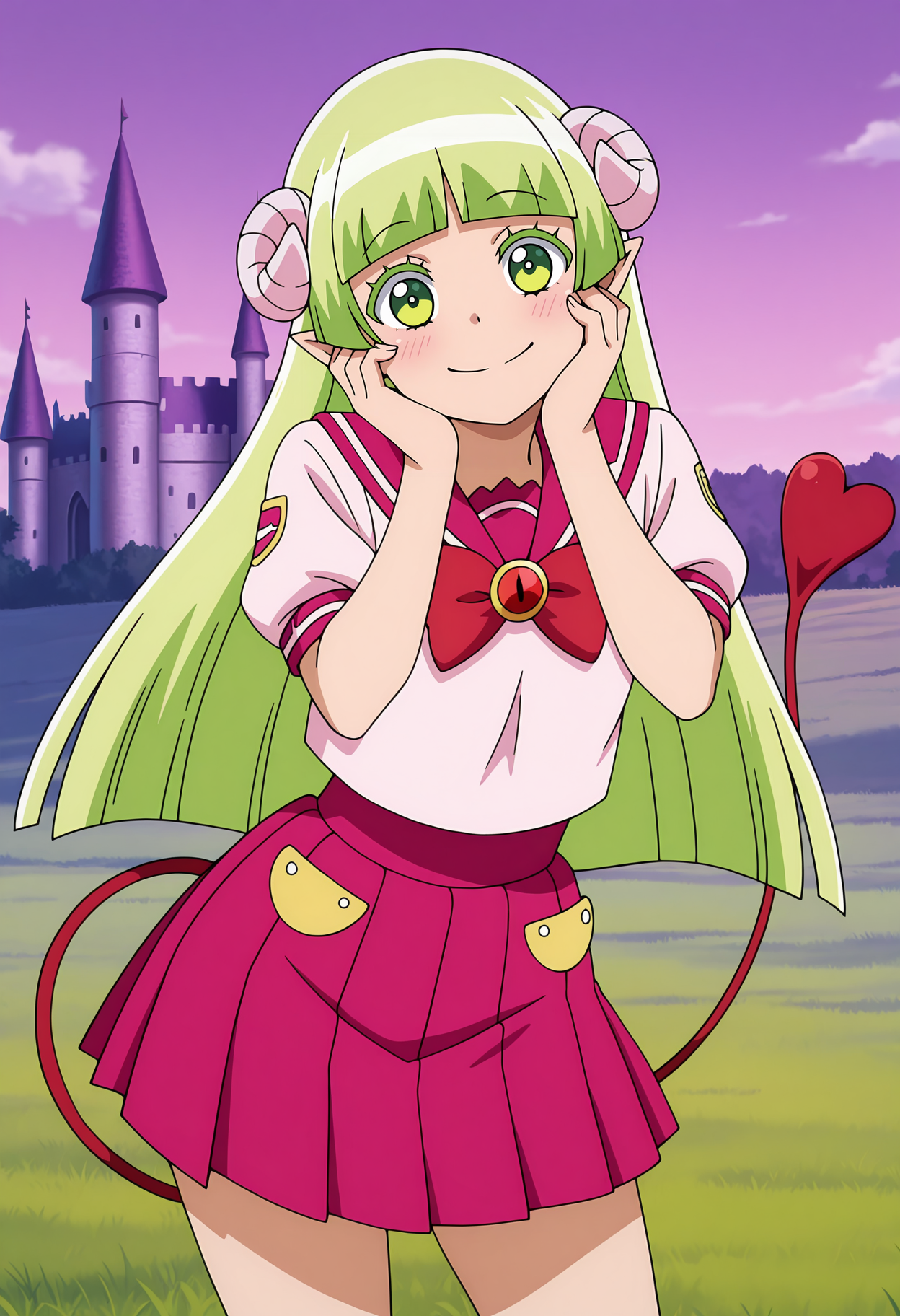 anime screencap, masterpiece, best quality,
<lora:MairimashitaIruma-Kun_ValacClara_IlluXL:0.9>,
1girl, solo, closed mouth, blush, happy, head tilt,
blunt bangs, long hair, green hair, green eyes, pointy ears, curled horns, colored eyelashes, demon tail,
pink sailor collar, red bowtie, white shirt, puffy short sleeves, pleated skirt, pocket, pink skirt,
hands on own cheeks, contrapposto, looking at viewer,
outdoors, purple sky, grass, castle