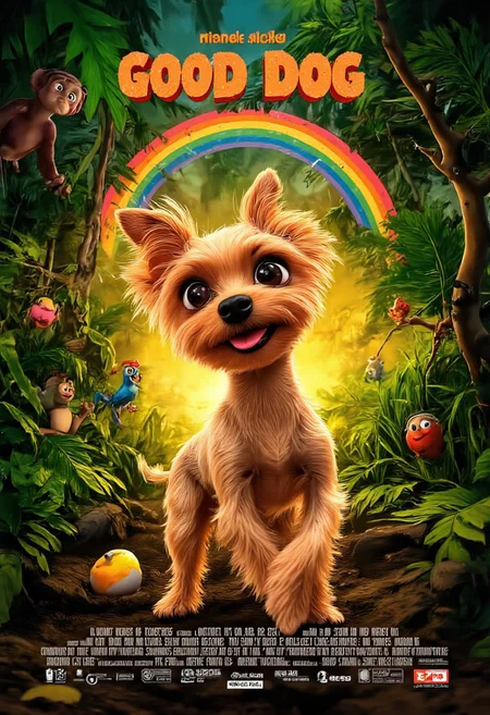 The image shows a vibrant, animated movie poster inspired by the whimsical style of a Pixar film, with a charming Yorkshire Terrier named Allab taking center stage. Allab, with her soft, golden fur and twinkling, expressive eyes, is depicted in a playful stance, ready to strike a pose. Instead of barking, she's wearing a mischievous grin, with her tiny, pink tongue peeking out. Behind her, a lush, verdant jungle unfurls, teeming with life - colorful birds, curious monkeys, and even a friendly, winking frog peeking from behind a giant leaf. The title, "The Good Dog," is written in bold, playful letters, reminiscent of Pixar's iconic typography, arching over Allab like a rainbow, with each letter subtly animated, as if wagging with life. Below, a warm, inviting glow emanates from a cozy, earthen burrow, hinting at the heartwarming adventures and lessons Allab, our unlikely hero, is about to embark on.