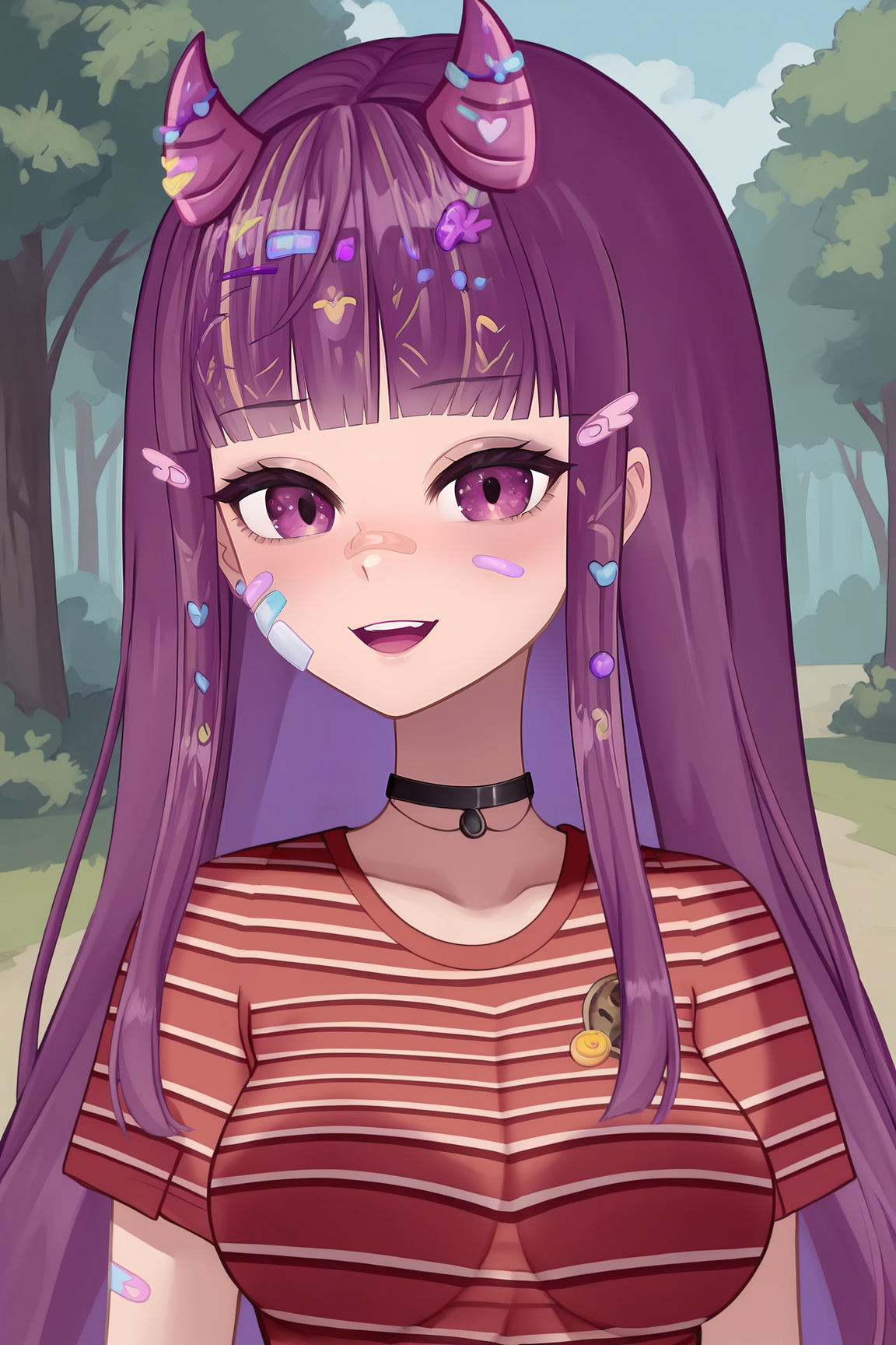 score_9, score_8_up, score_7_up, score_6_up, BREAK, KottyVTXL, bandaid on face, purple eyes, purple hair, long hair, blunt bangs, hair ornament, purple horns, black choker, medium breasts, striped shirt, red shirt, short sleeves, solo, front view, (portrait, upper body), solo focus, seductive smile, looking at viewer, forest <lora:KottyVTXL:0.9>