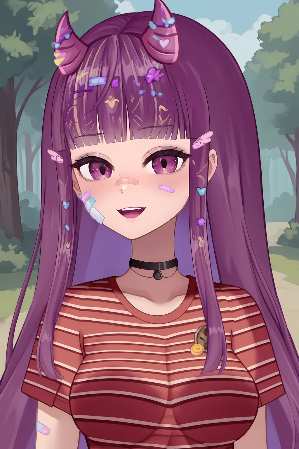 score_9, score_8_up, score_7_up, score_6_up, BREAK, KottyVTXL, bandaid on face, purple eyes, purple hair, long hair, blunt bangs, hair ornament, purple horns, black choker, medium breasts, striped shirt, red shirt, short sleeves, solo, front view, (portrait, upper body), solo focus, seductive smile, looking at viewer, forest <lora:KottyVTXL:0.9>