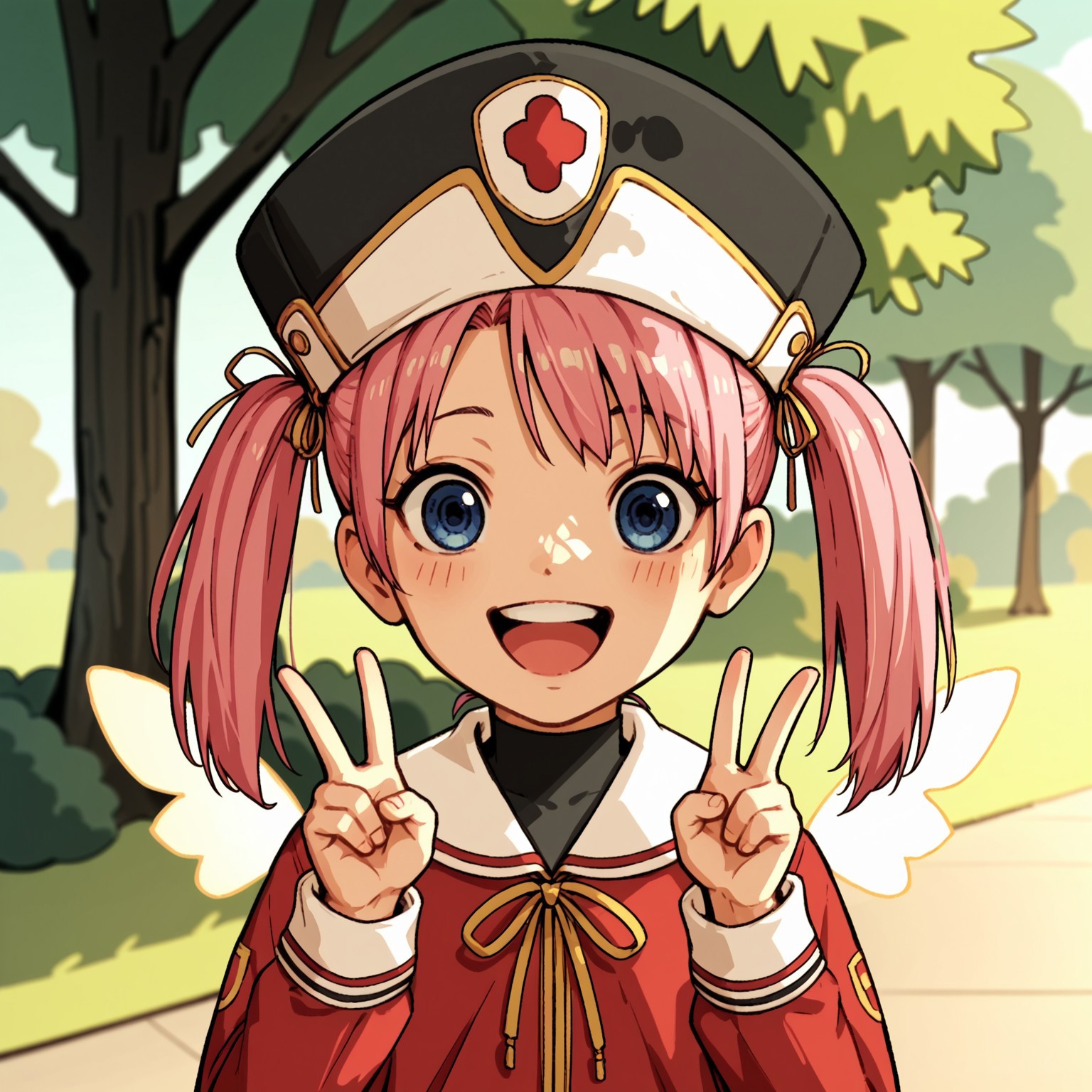 , anatomically correct, anatomically correct face,, ,,, anime screencap,,
, , intricate details,, score_9, score_8_up, score_7_up, score_6_up, 
luvriel, pink hair, twintails, blue eyes, glowing wings
Double peace signs, happy, park