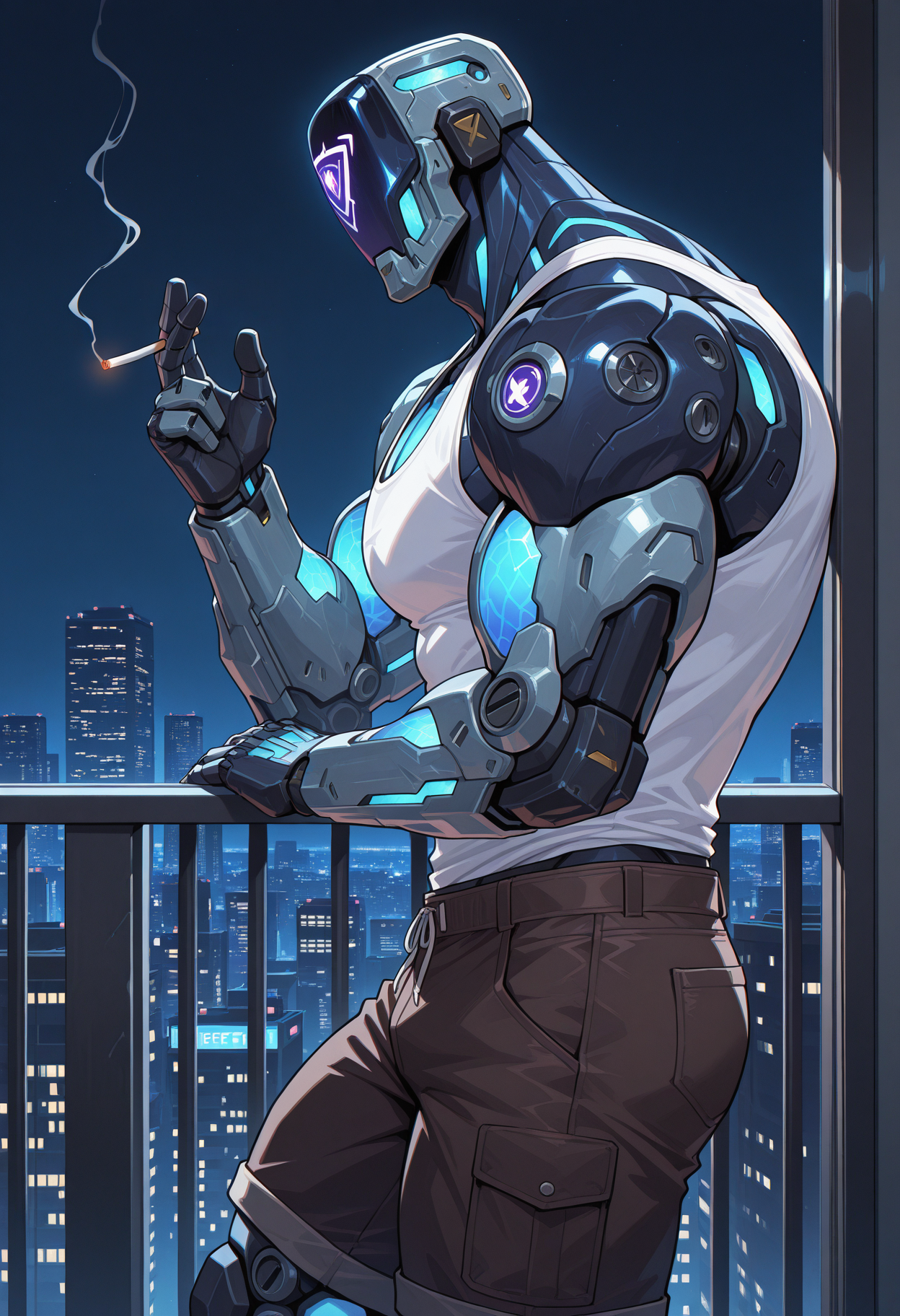 solo, side view, night, balcony, leaning, cityscape, male focus, k4y0, robot, (white tank top:1.2), shorts, holding cigarette, glowing, muscular, broad shoulders, perfect anatomy, masterpiece, perfect quality, best quality, detailed, newest, very aesthetic
<lora:Illustrious\Characters\KAYO_Valorant_V1_ILXL:0.8>