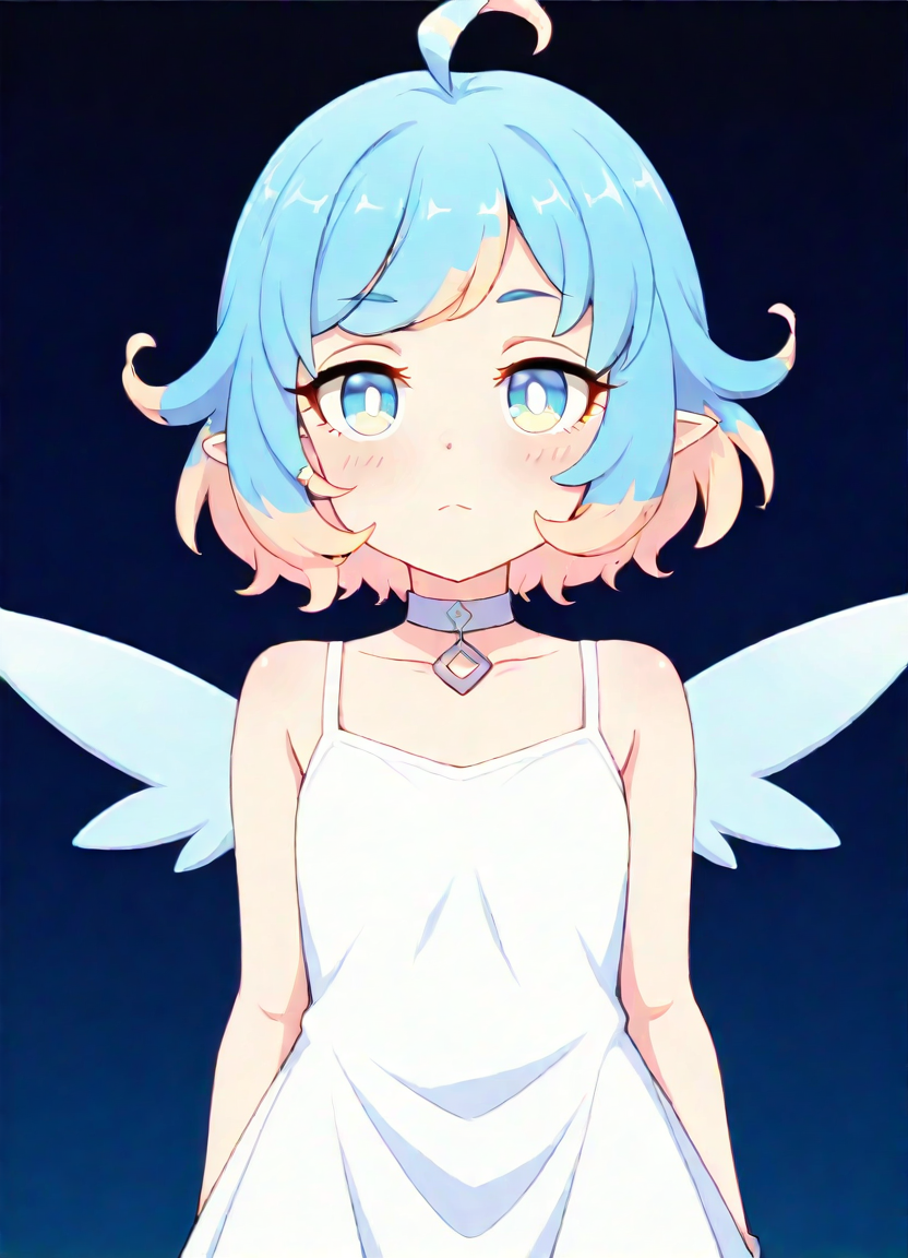 masterpiece, best quality, very aesthetic, absurdres, detailed, break, amy_(princess_connect), 1girl,short hair,blue hair,ahoge,multicolored hair,bangs,blue eyes,pointy ears,choker,wings,white dress