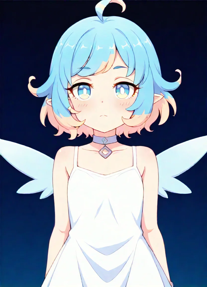 masterpiece, best quality, very aesthetic, absurdres, detailed, break, amy_(princess_connect), 1girl,short hair,blue hair,ahoge,multicolored hair,bangs,blue eyes,pointy ears,choker,wings,white dress