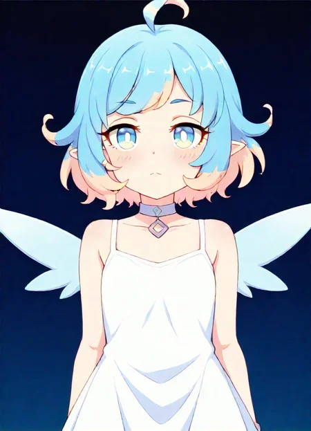 masterpiece, best quality, very aesthetic, absurdres, detailed, break, amy_(princess_connect), 1girl,short hair,blue hair,ahoge,multicolored hair,bangs,blue eyes,pointy ears,choker,wings,white dress