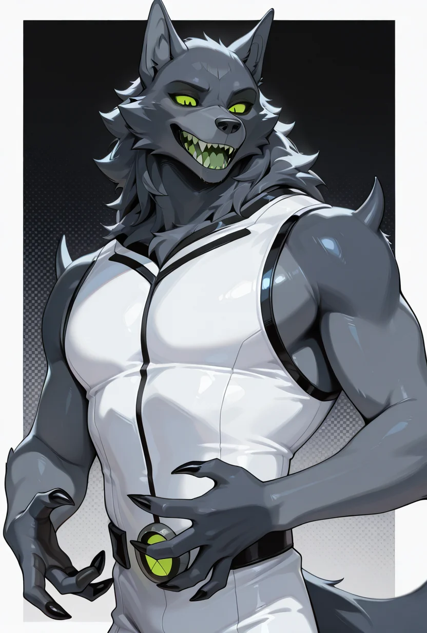 <lora:blitzwolfer-07:1> blitzwolfer, solo, 1boy, furry, tail, green eyes, black claws, wolf, , sharp teeth, white bodysuit, sleeveless,, masterpiece, best quality, amazing quality, very aesthetic, absurdres, newest,, upper body, halftone effect, white borders, abstract background:1.2,