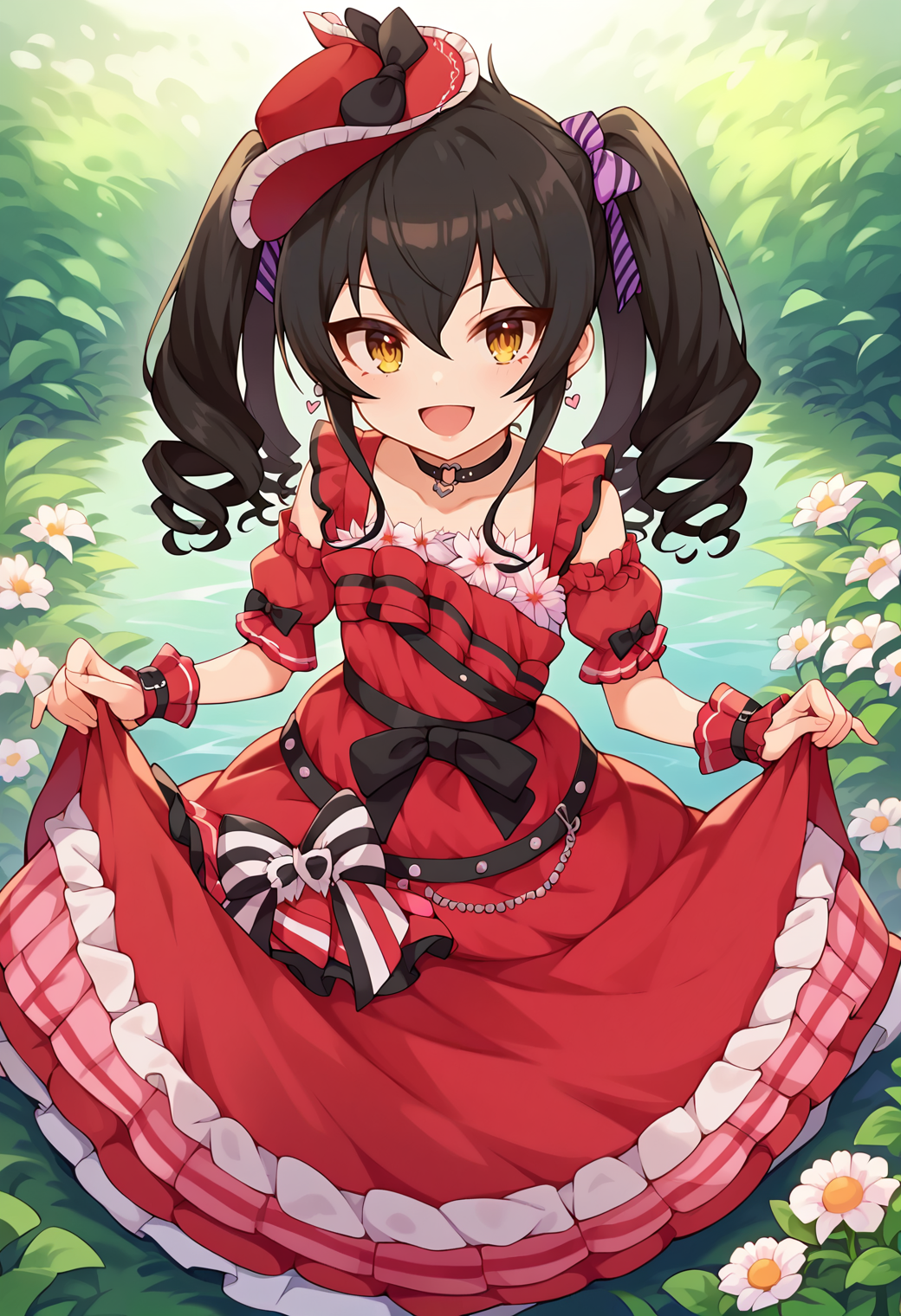 score_9, score_7_up, hd, (ultra hd quality details), source_anime,
solo, 1girl, risamasbase, black hair, twintails, loveldyblosdress, drill hair, hair bow, red headwear, mini hat, flower, choker, striped, red dress, short sleeves, detached sleeves, wrist cuffs, puffy sleeves, frilled dress,
looking at viewer, smile, open mouth, 
from above, skirt hold, 
<lora:_risa_matoba-elesico-pony:0.9>