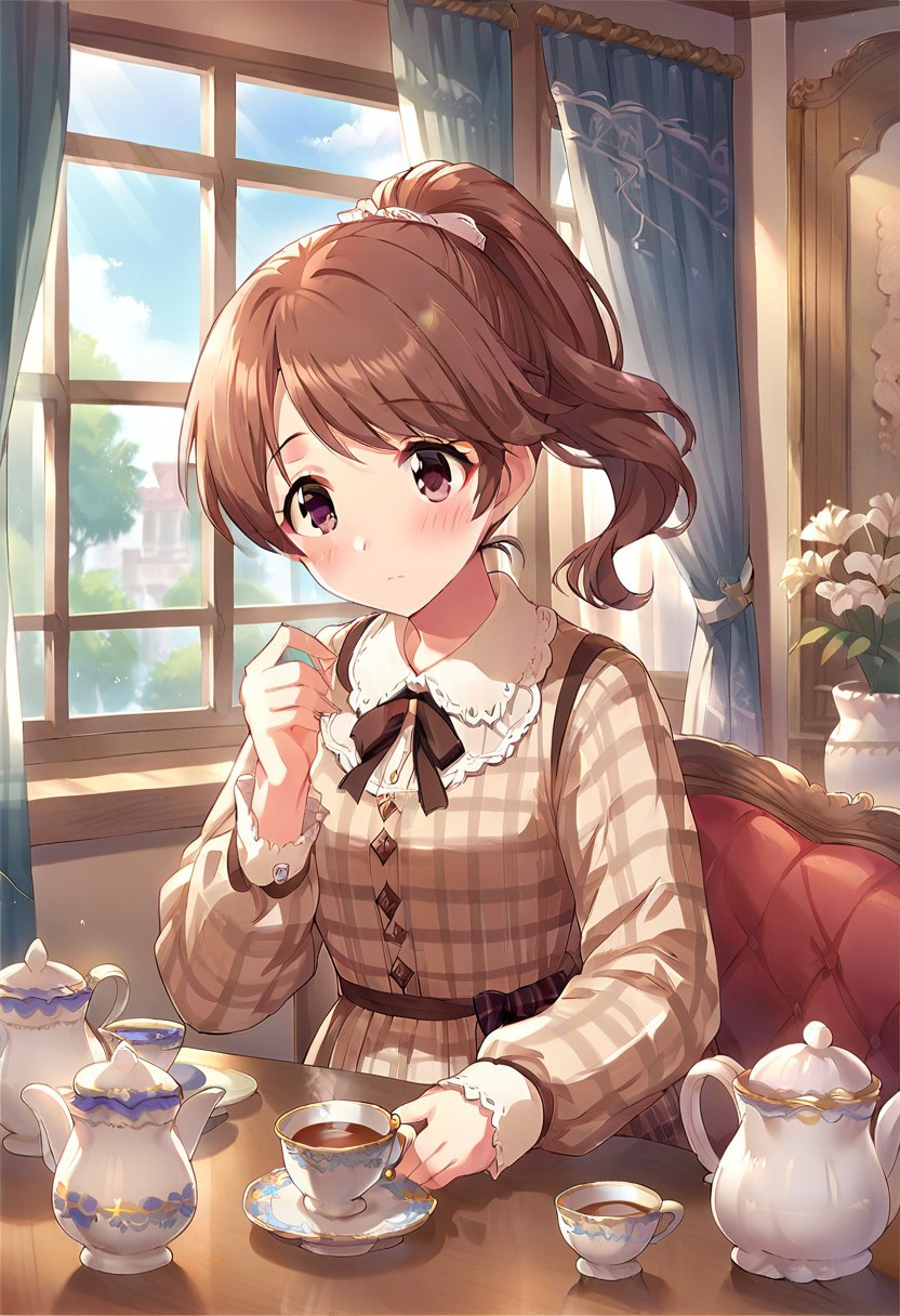 score_9, score_8_up, score_7_up, source_anime,shiina noriko, brown hair, brown eyes, 1girl, cup, curtains, teacup, window, solo, table, teapot, ponytail, jewelry, indoors, blush, plaid dress