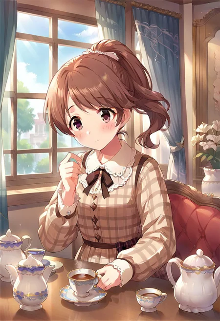 score_9, score_8_up, score_7_up, source_anime,shiina noriko, brown hair, brown eyes, 1girl, cup, curtains, teacup, window, solo, table, teapot, ponytail, jewelry, indoors, blush, plaid dress