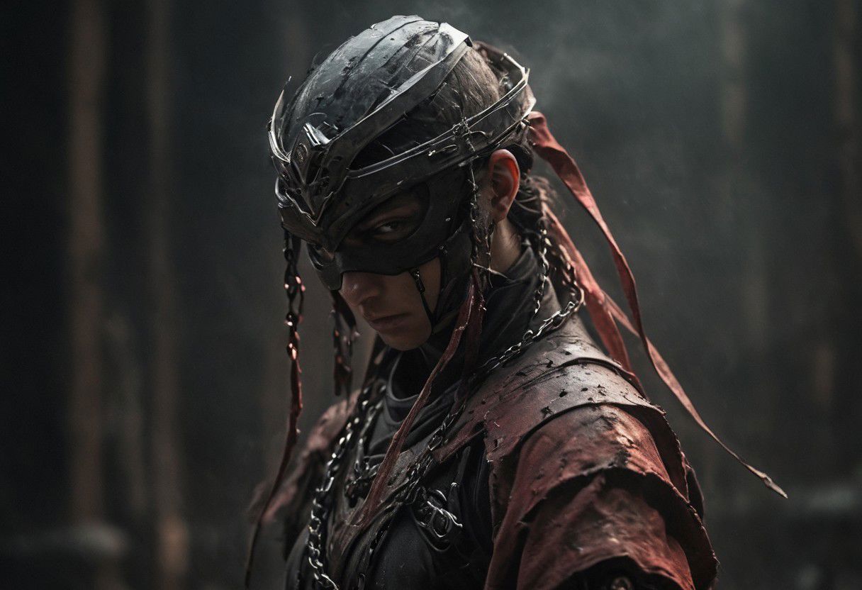 Super Closeup Portrait, Craft a compelling story inspired by the dystopian scene depicted in the photo, showcasing a blindfolded shinobi skillfully wielding swords to intercept brilliantly colored blades cascading from above. Explore the stark contrast between the ominous, dystopian backdrop and the vibrant, transparent blades in descent. Dive into the emotions, obstacles, and enigmatic ambiance conveyed by this distinctive scenario. very detailed, light red backlight, raw photo, a red sunset landscape, photorealistic, high detailed texture, 8k uhd, dslr, soft lighting, high quality, film grain, Fujifilm XT3, highly detailed photography, atmospheric haze, Film grain, cinematic film still, shallow depth of field, highly detailed, high budget, cinemascope, moody, epic, OverallDetail, gorgeous, 2000s vintage RAW photo, photorealistic, candid camera, color graded cinematic, eye catchlights, atmospheric lighting, skin pores, imperfections, natural, shallow dof