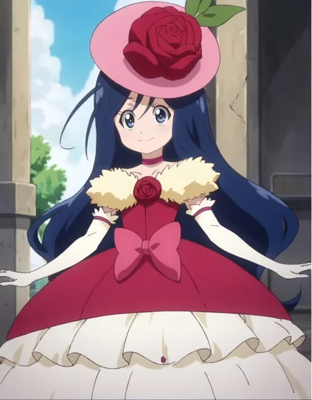 score_9, score_8_up, score_7_up, anime screencap, solo,1girl, oriharatsumugi, gloves, smile, hat, pink headwear, flower, dress, rose, elbow gloves, choker, bow, red flower, red rose, pink bow, pantyhose, white gloves, happy, looking at viewer,cowboy shot<lora:oriharatsumugi:0.8>