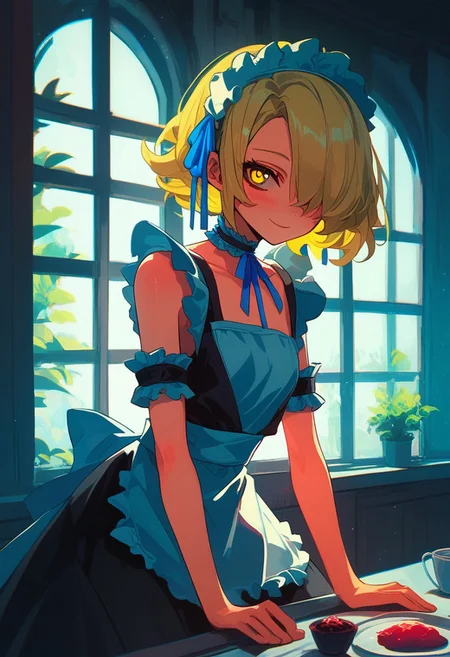 score_9, score_8_up, score_7_up, score_6_up, NLSTN, blonde hair, maid, hair over one eye, maid headdress, solo, detached sleeves, yellow eyes, 1girl, short hair, smile, looking at viewer, choker, dress, ribbon, indoors, frills, window, blush, enmaided, apron, blue ribbon, glowing, dark