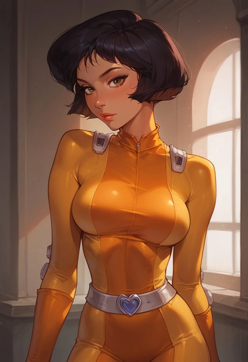 core_9, score_8_up,score_7_up, score_6_up, score_5_up, score_4_up, 1girl, alex \(totally spies\), brown eyes, dark hair,,, narrow waist, large breasts, yellow bodysuit, belt