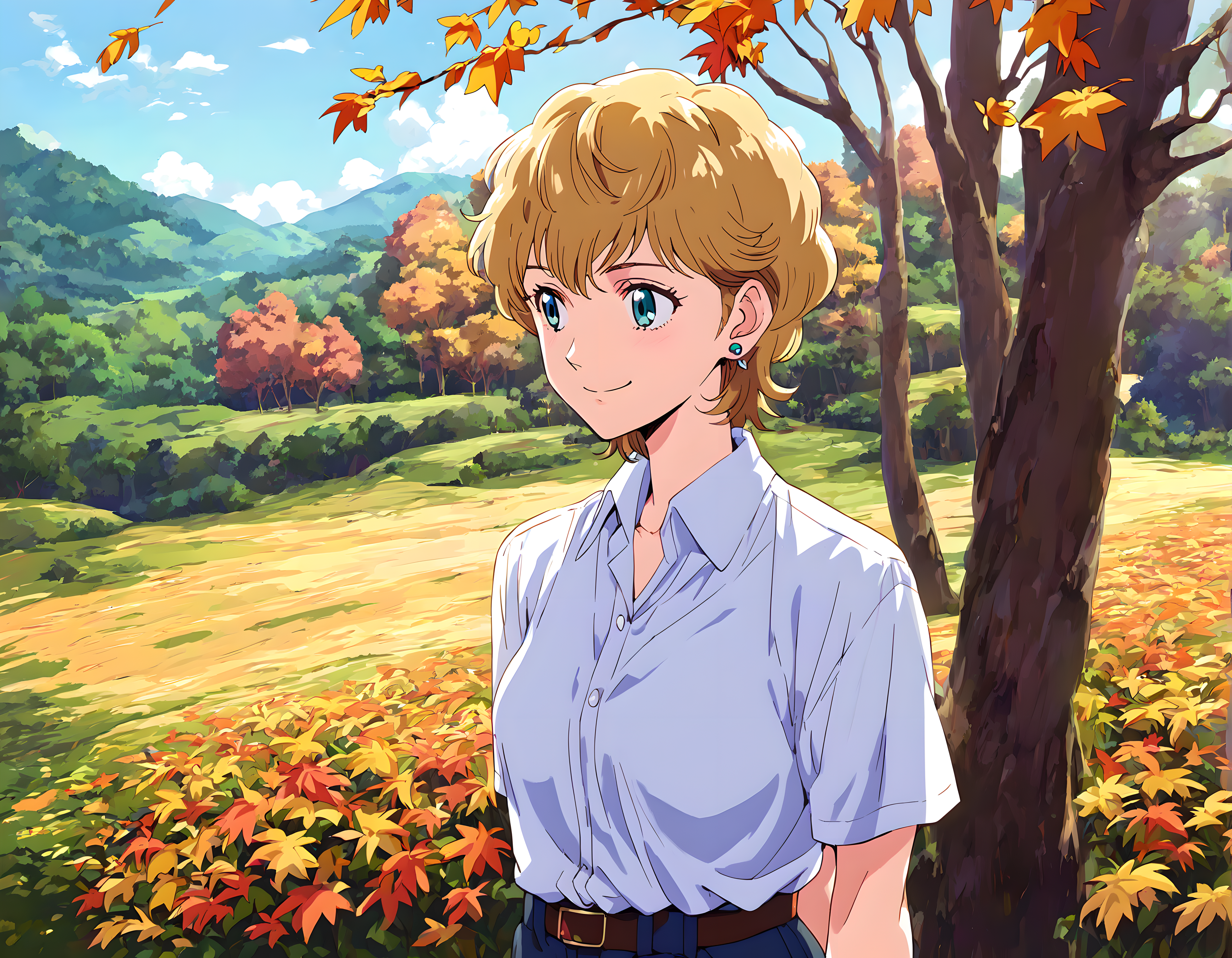 <lora:pony_xl_Hildegard:0.8>,Hildegard,score_9,score_8_up,score_7_up,score_6,source_anime,short hair,1girl,female,kawaii,solo,earrings,white collared shirt,women's pants,day,nature,grove,the dappled sunlight that filters through the leaves of trees,sunny weather writing,lens_flare,smile,:d,gentle smile,standing,arms_behind_back,cowboy_shot,landscape,