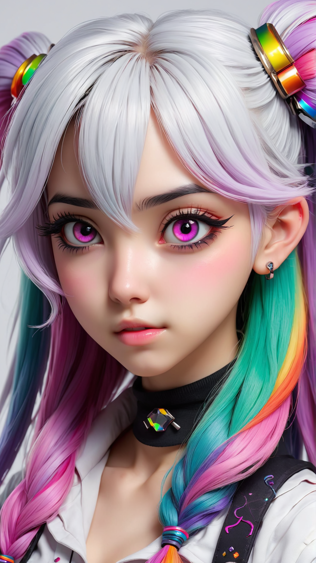 a cute egirl gamer, beautiful colorful rainbow-haired girl ((19)) with beautiful detailed eyes, (solid white background:1.5) score_9, score_8_up, score_7_up, 1girl, (sexy and seductive:1.2), beautiful down-turned lips, colorful hair, long hair,  two side up, twin-tails, zettai ryouiki, ((masterpiece)), ((best quality)), ((extremely detailed CG unity 8k wallpaper)), solo, 1girl, mascara, makeup, (white sclera) masterpiece, best quality, 1girl,solo, 8k, UHD, HDR, (Masterpiece:1.5), (best quality:1.5)  <lora:eGirls_XL_v1:1>