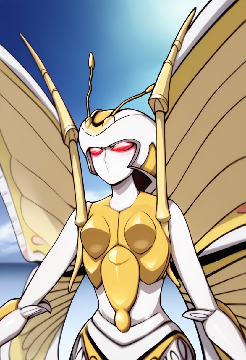 score_9, score_8_up, score_7_up, source_anime, anime illustration, masterpiece, best quality, lots of details, BREAK zPDXLx, mur4k4mi-ip,bakugan,1girl,monarus,haos monarus,bakugan (creature),butterfly wings,red eyes,white skin,color skin,solo,wings,antennae,red eyes,robot ,no humans,insect wings,midriff,breasts