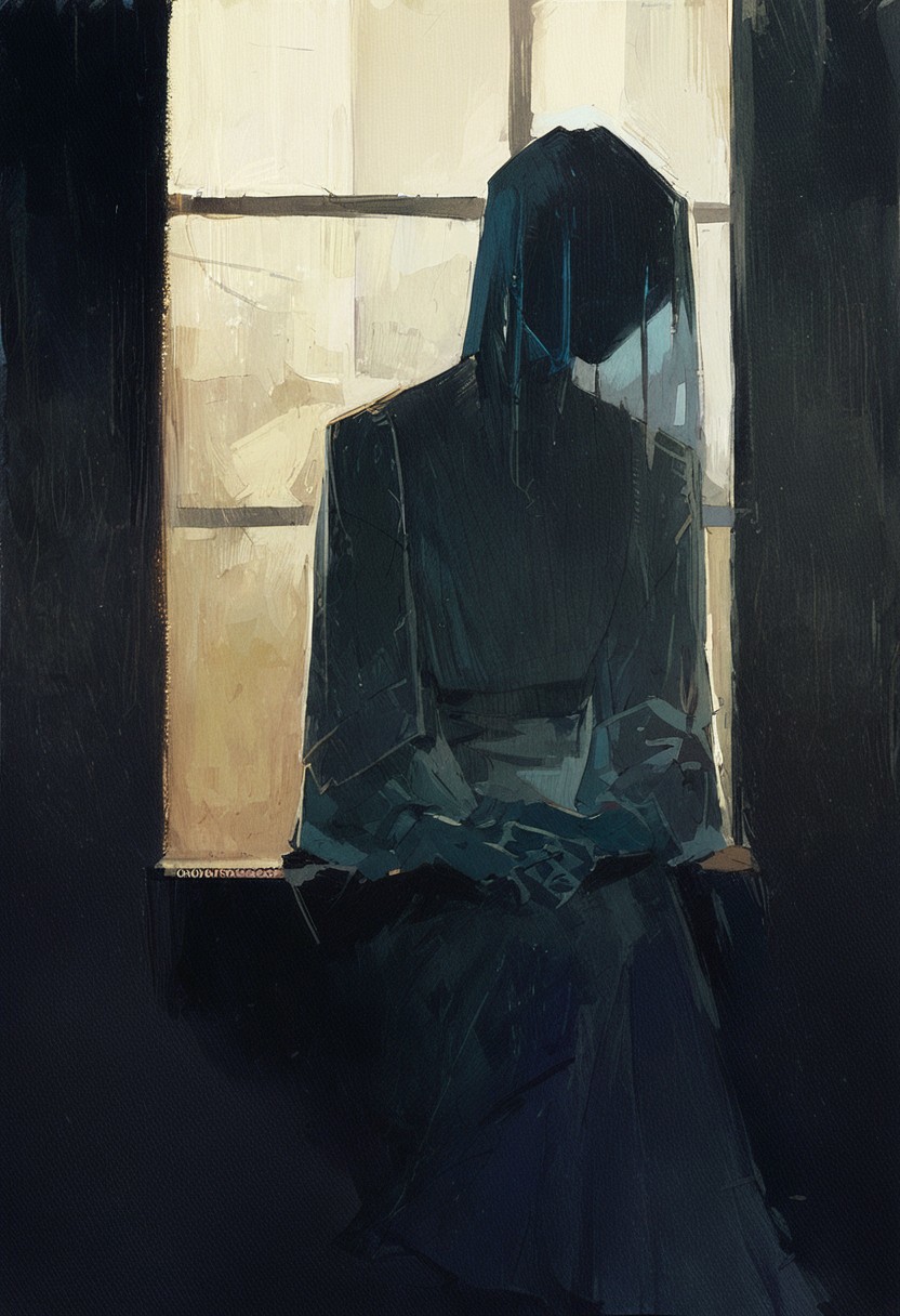 score_9, score_8_up, score_7_up, score_6_up, 1girl, watercolor painting, invisible woman sitting near a window, noir, lighting, shadows, dark background, transparent skin, invisible hands