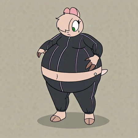 Female, Maydine, Hair Covering one eye, Black Sweatsuit, midriff, (inflation)
