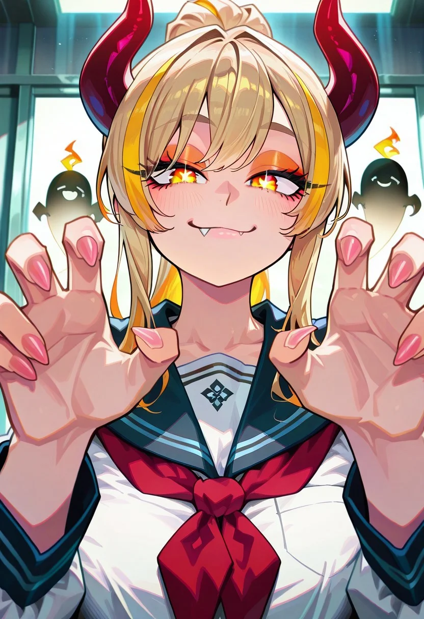 Mevak_PS, 1girl, mature, long hair, looking at viewer, smile, blonde hair, school uniform, white shirt, upper body, yellow eyes, ponytail, multicolored hair, horns, fang, sailor collar, streaked hair, long fingernails, hands up, symbol-shaped pupils, star-shaped pupils, long eyelashes, demon horns, portrait, red neckerchief, eyeshadow, ghost pose, fang out, dynamic angle
BREAK (masterpiece), (best quality), (ultra-detailed), amazing quality, very aesthetic, illustration, perfect composition, intricate details, absurdres, incredibly absurdres, high resolution, ultra-detailed, newest, extremely detailed eyes, beautiful, perfect lighting,