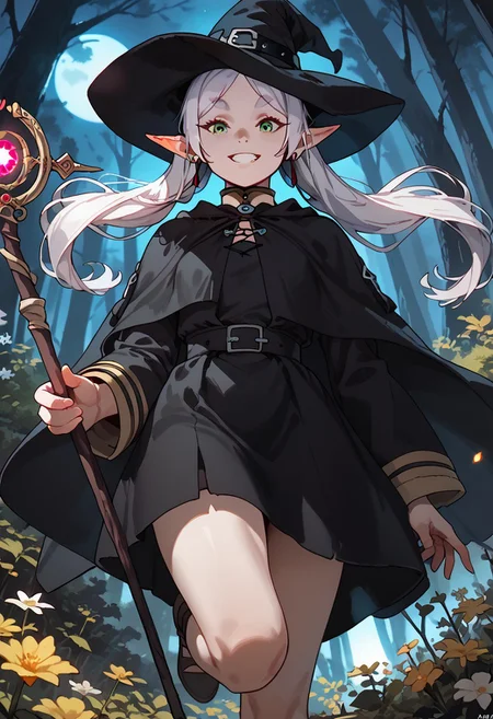 score_9, score_8_up, score_7_up, score_6_up, portrait, 1girl, Frieren, elf ears, small breasts, plant, flower, green eyes, white hair, long hair, twintails, thick eyebrows, earrings, dynamic angle, forest, night, witch, witch clothes, staff, glowing hair, glowing hat, glowing staff, magic, casting, floating, leg up, grin, casting spell, magic, dimmed light, from below