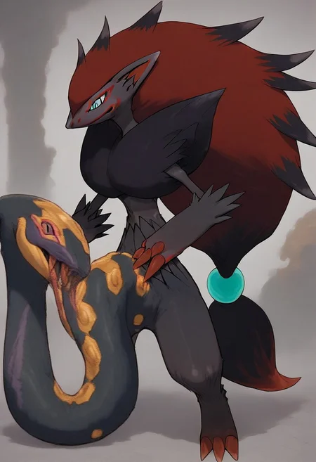 score_9, score_8_up, score_7_up, source_anime, Zoroark, pokemon (creature), a crotchseviper, feral, solo, holding crotchseviper in hand, long thick crotchseviper