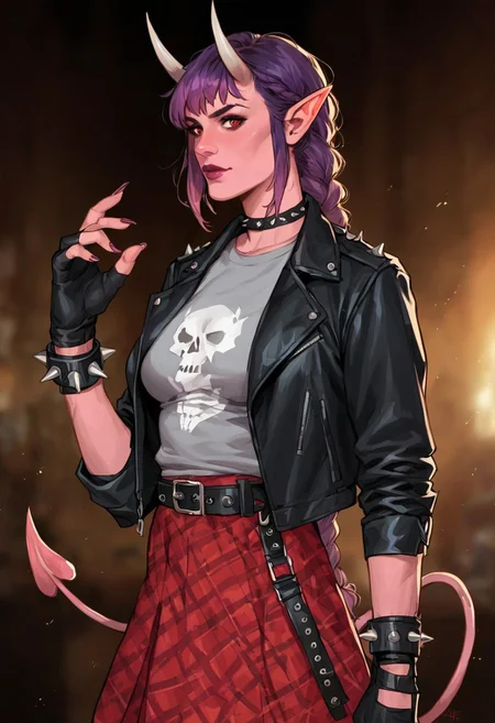 Score_9_up, score_8_up, score_7_up, score_6_up, source_realistic, BREAK 1girl, solo, Figfaeth, horns, pointy ears, red eyes, brown hair, purple hair, gradient hair, braid, bangs, colored skin, pink skin, devil tail, makeup, leather jacket, grey skull print shirt, spiked bracelets, fingerless gloves, belt, red plaid skirt,