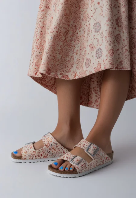 1girl, solo, simple_background, white_background, birksonfeet, blue_toenail_polish, close-up, lower_body, footwear_focus, patterned, long_skirt