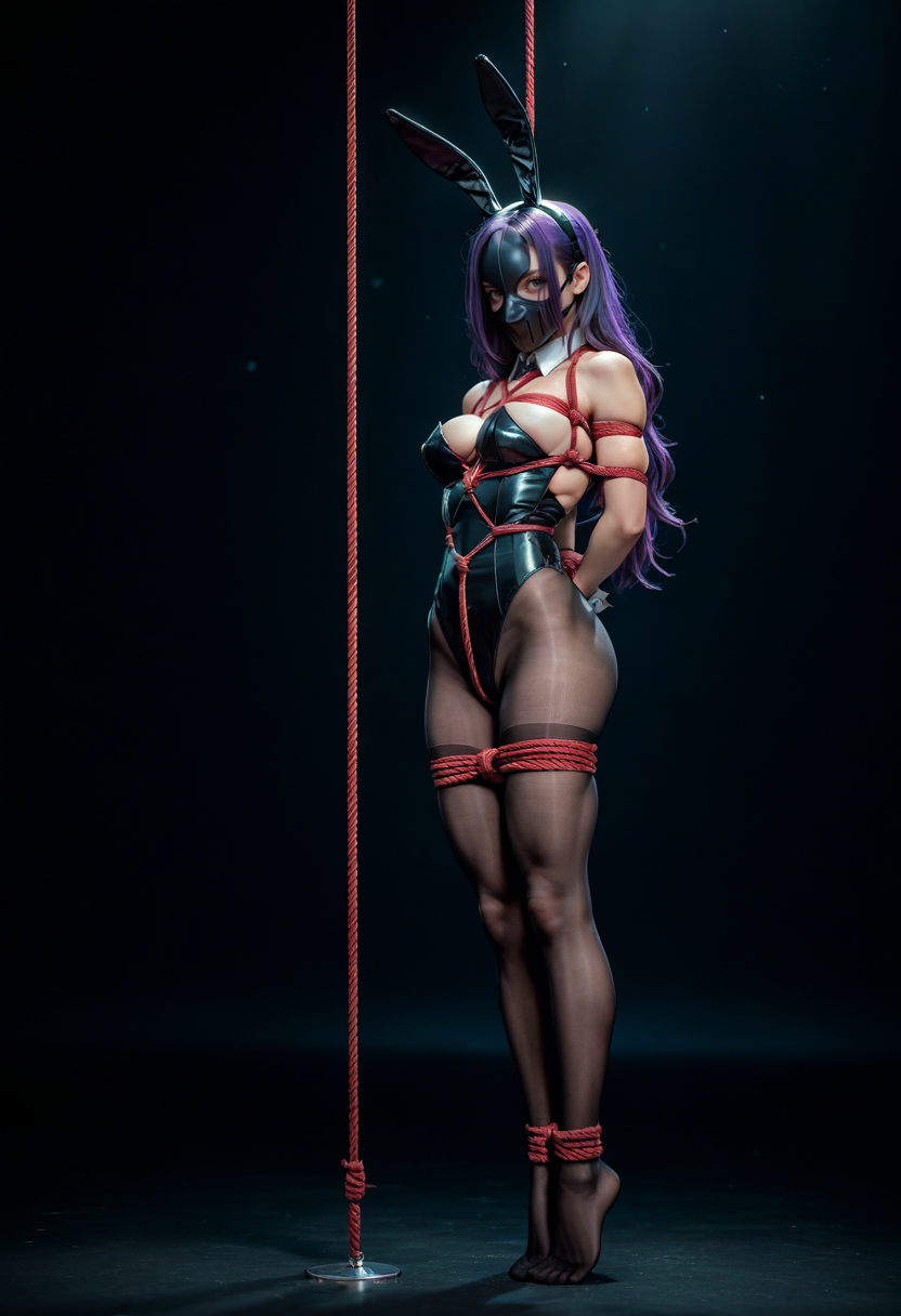 score_9, score_8_up, score_7_up, score_6_up, source_anime, masterpiece, newest,
1girl, no shoes, innocent, pantyhose, purple hair, long hair, bunny suit, collar, high leg leotard, bunny ears, ((shibari, bondage)), rope, suspended, from side, masked, 1boy, muscular male