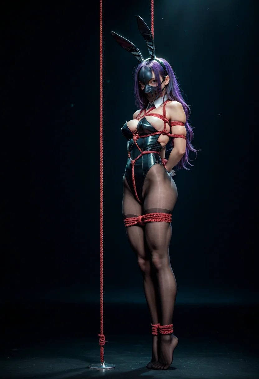 score_9, score_8_up, score_7_up, score_6_up, source_anime, masterpiece, newest,
1girl, no shoes, innocent, pantyhose, purple hair, long hair, bunny suit, collar, high leg leotard, bunny ears, ((shibari, bondage)), rope, suspended, from side, masked, 1boy, muscular male
