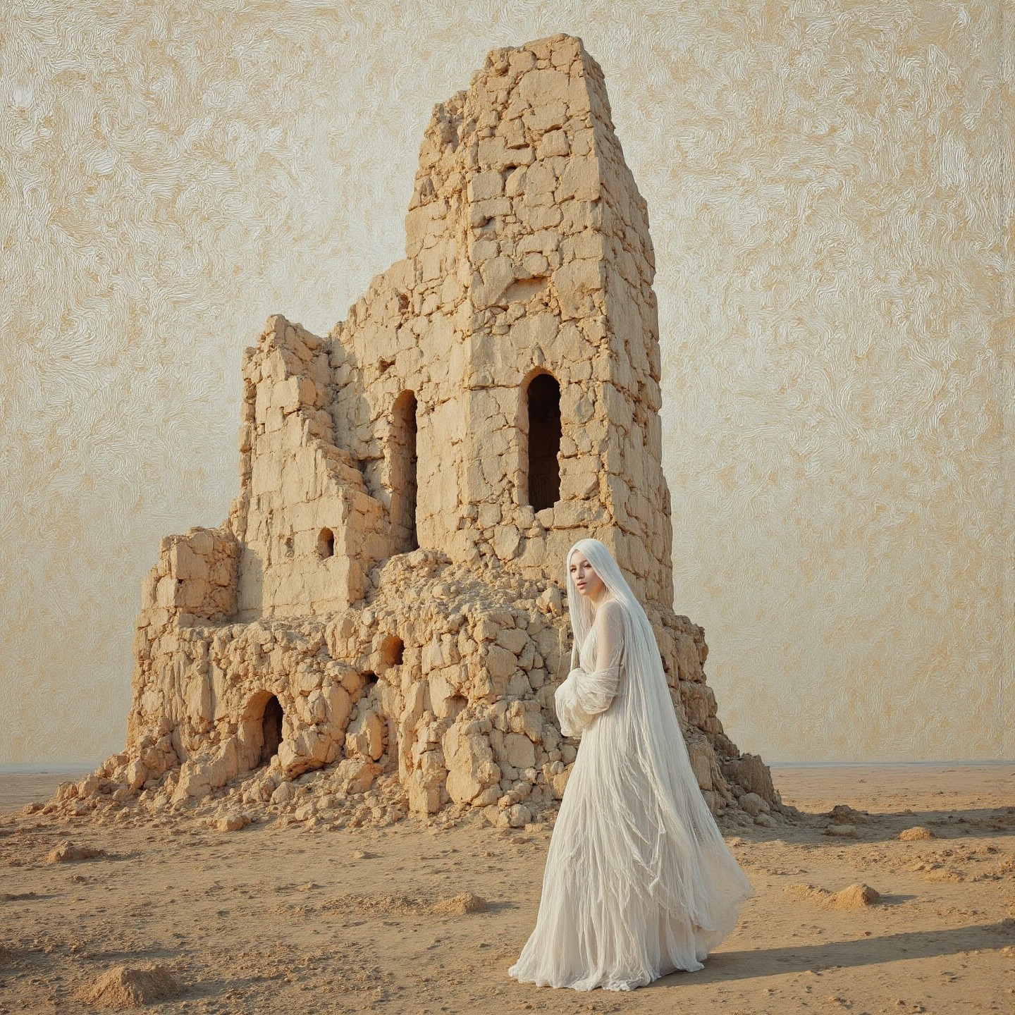 Expressionism, magnificent French female ethereal ghost walking in a desolate landscape, ruined tourmaline tower, (white-tinted:0.5), very detailed, intricate, broken, sandy brown marbled ebru design (with blush details:0.5). <lora:Flux_White_SaMay:0.7> <lora:Hand v2:0.7>