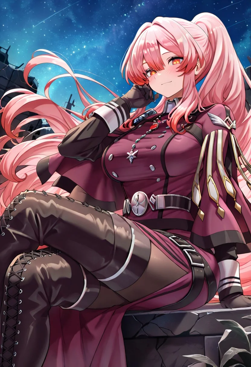 exosister martha, 1girl, solo, sitting, smile, crossed legs, looking at viewer, night, starry sky, ((sky)), closed mouth, black cross-laced thigh boots, blush, large breasts, outdoors, black pantyhose, purple military dress uniform, purple capelet, black gloves, silver necklace, from side, ruins,
masterpiece,best quality,amazing quality,very aesthetic,absurdres,newest,<lora:Exosister Martha illusXL v1:0.7>,