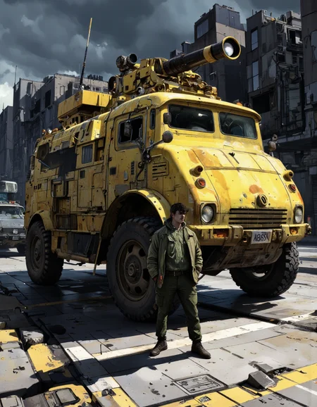 A digital illustration shoot from the side about a futuristic, post-apocalyptic scene featuring a man standing in front of a large, yellow, armored vehicle in a desolate, ruined city. the scene is set against a dark, stormy sky with dark, ominous clouds. the man, who appears to be in his mid-twenties, is standing in the middle of the image, facing away from the viewer. he is wearing a green military-style jacket, pants, and shoes, and has a serious expression on his face. the vehicle has a large gun mounted on the top, and is positioned in the foreground, with another vehicle visible in the background. the cityscape behind the man is made up of crumbling, dilapidated buildings, and the overall atmosphere is one of destruction and chaos.