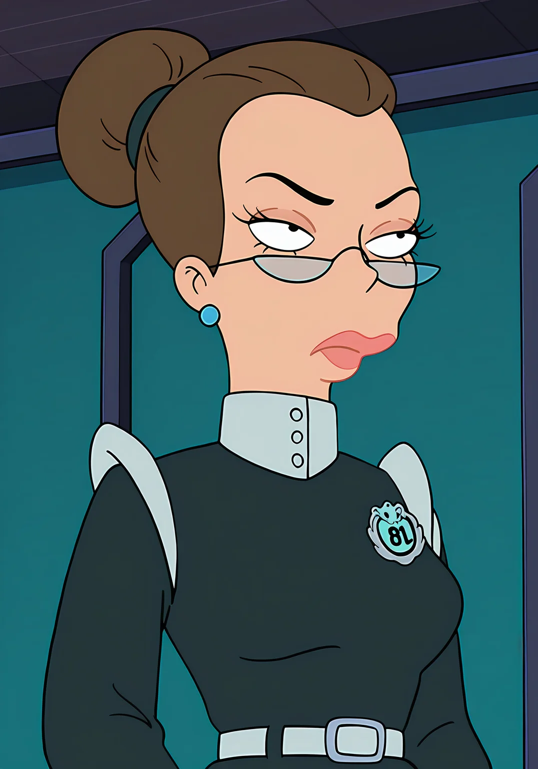 absurdres, 8k, high resolution, masterpiece, best quality, absolutely fantastic art, amazing quality, very aesthetic, <lora:futuramawomen>,futuramawomen, proctor, 1girl, solo, brown hair, jewelry,earrings, glasses, belt, hair bun, lips, makeup, parody, single hair bun, lipstick, frown