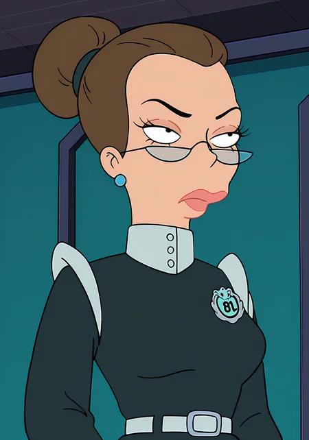 absurdres, 8k, high resolution, masterpiece, best quality, absolutely fantastic art, amazing quality, very aesthetic, <lora:futuramawomen>,futuramawomen, proctor, 1girl, solo, brown hair, jewelry,earrings, glasses, belt, hair bun, lips, makeup, parody, single hair bun, lipstick, frown