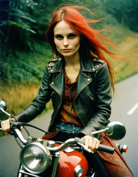 an analog photograph by dave mckean of a bohemian woman looking like jaynexl4 riding a motorbike, boheamian atmostphere