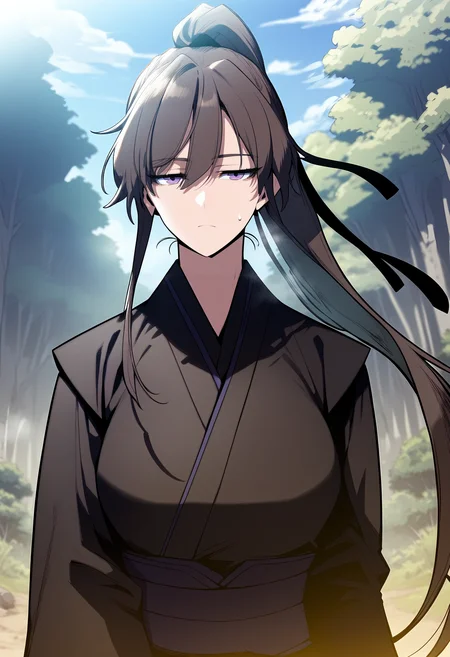 score_9, score_8_up, score_7_up, score_6_up, source_anime, rating_explicit, <lora:neg4all_bdsqlsz_V3.5:2.0>1girl, (solo:1.2), huge breasts, <lora:Wolyoungponyxl:1> ponytail, long hair, hair between eyes, purple eyes, high ponytail, sidelocks, black hair, brown hair, japanese clothes, long sleeves, hair ribbon, black kimono, expressionless, Narrow shoulders, heavy breathing, steaming body, forest, outdoors, looking at viewer