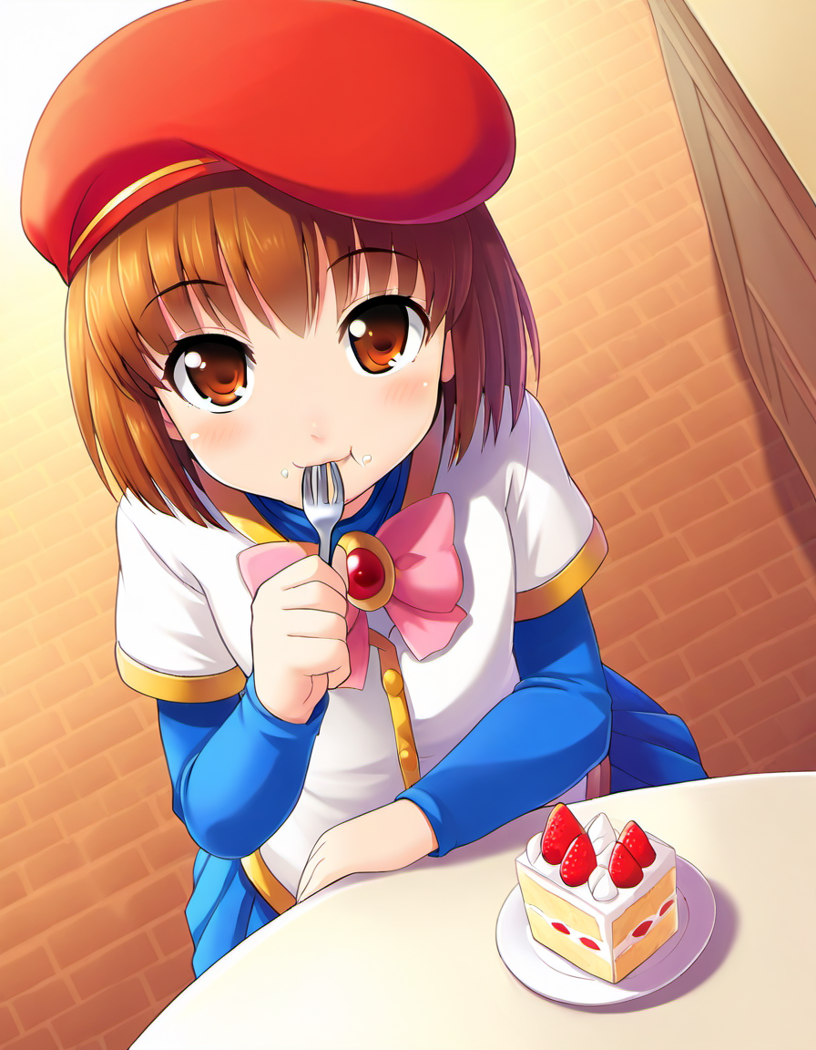 <lora:PuyoArleY_SDXL_illustrious_fp16_ver07:1>,,PuyoArleYD,1girl,solo,brown hair,brown eyes,vests,red beret, pink bow,blue skirt,buttons,eating cake,table,fork, masterpiece, best quality, very aesthetic, absurdres,<lora:detailed_hands:1>,hand