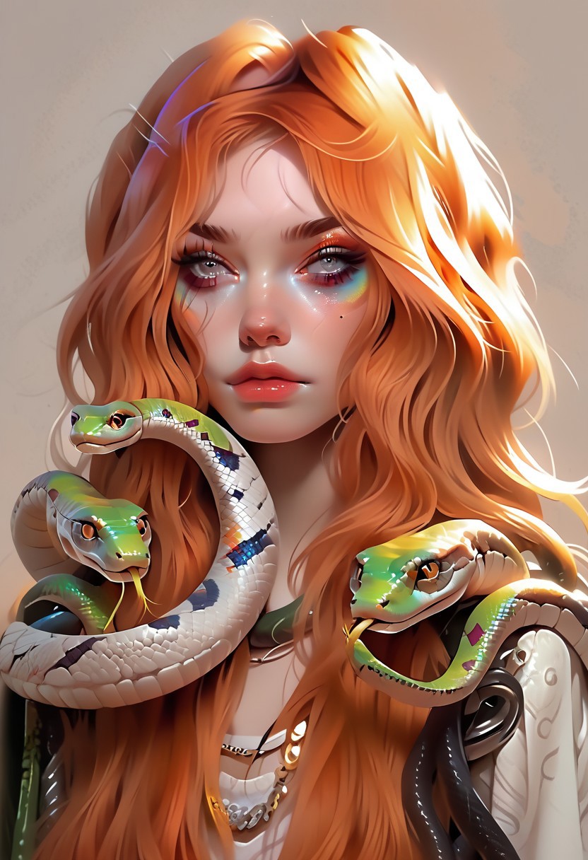 score_9, score_8_up, score_7_up, th3rm4l, woman, grey eyes, ginger hair, long hair, jewelry, makeup, portrait, hator, snakes