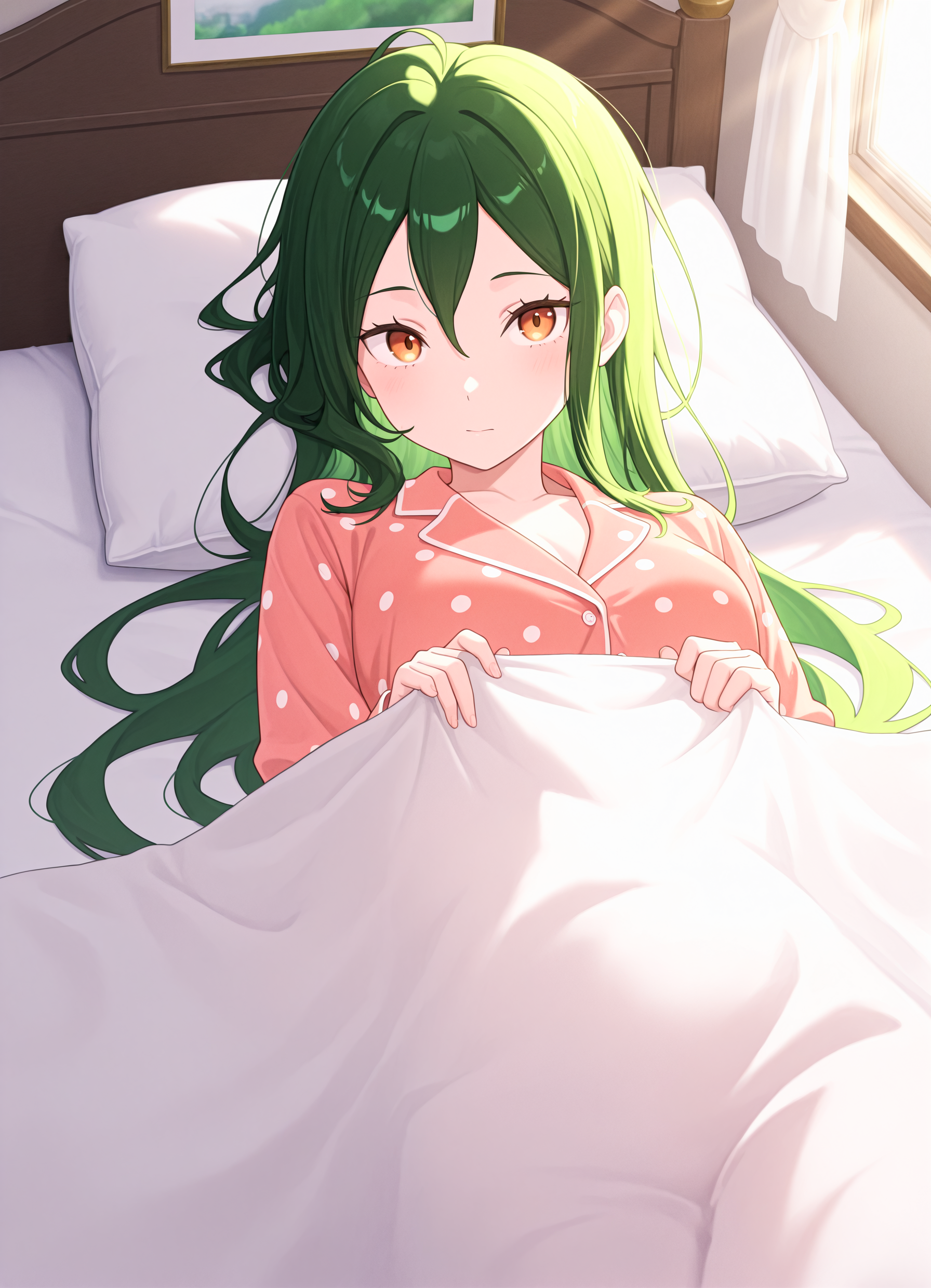1girl, <lora:kncrusch_sn55:0.9>, crksn, green hair,
in bed, puffy white blanket, polka dot pajamas, vibrant,
bedroom, window, vibrant, sunlight, lying in bed, pillow,
looking at viewer, cowboy shot, straight shot,
high resolution, ultra-detailed, absurdres, masterpiece, best quality, good quality, newest,