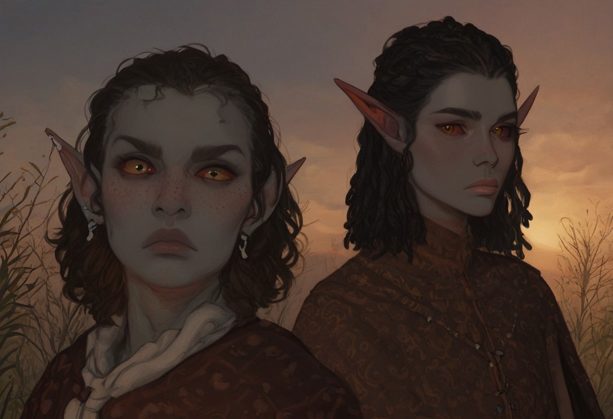 solo, short pointy ears, full body, piercings, random elf face, aquiline features, male dark elf, masculine, facial hair, brow rings, beaded piercings, weathered skin, blue-grey skin, chiseled features, large nose, insect chitin armor, insect chitin helmet, insect chitin ornaments, stylized insect pattern, athletic build,  animated realism, zoomed out, Syrian features, torso, yurts, tents, native camp, elegant berber tapestries, dead desert trees, ash dunes, distant volcano, ashy soil, grey green foliage, distant grey hills, sunrise, gloomy lighting, grey fabric awnings, dark wood posts, light dust clouds, grey-blue skin, grey skin, mahogany and ivory clothes, medium armor, bone plate armor, ivory straps and fittings, alien bone ornaments, grey wood neckguard, red sclera, black pupils, blue-green light, neon, highly detailed, defined features, looking at viewer, three quarters view, from side, dynamic lighting, 29 years old, light and shadows, patterned cloth, annoyed expression, expressive eyes, detailed medieval clothes, short hair, wavy hair, thick hair, beaded hair, braided hair, under cut hair, semirealistic, alien elf, spanish features, jewish features, black hair, dark red hair, umber skin, sharp features, pastel green inuit print cloak, nighttime, high detail, absurdres, pretty eyes, detailed eyes, yellow eyes,