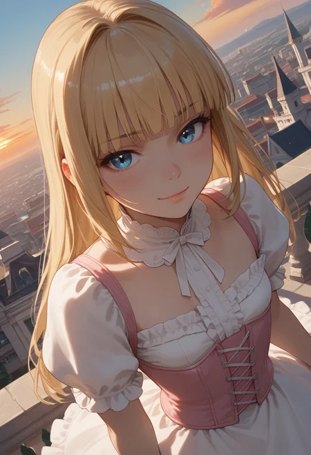 (score_9, score_8_up, score_7_up), 1girl, solo,( blonde hair), blue eyes, long hair, hime cut, long bangs, small breasts,  pink corset, frills, white dress, sunrise, 
( face focus, from above, close-up:1.4), rooftops, mansion, city,
fisheye, (relaxed, dutch angle:1.2), 
smug, blush