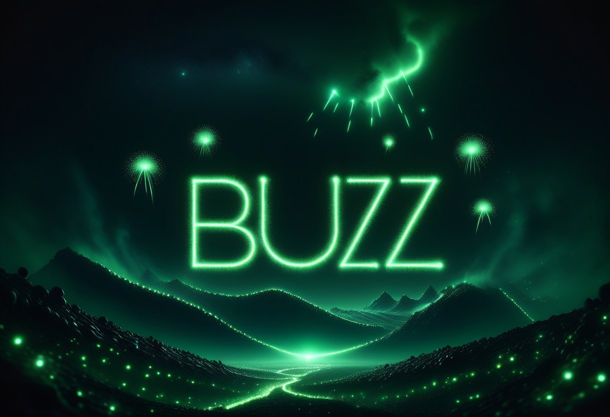 A landscape image of a black sky on an alien planet. Along with tiny stars, the sky is lit up by green fireworks spelling out the word "BUUZZ"
Necron,, electricity, green glow, green theme, ral-firworx, (masterpiece) (best quality) (detailed) (8k) (HDR) (wallpaper) (cinematic lighting) (sharp focus) (intricate)