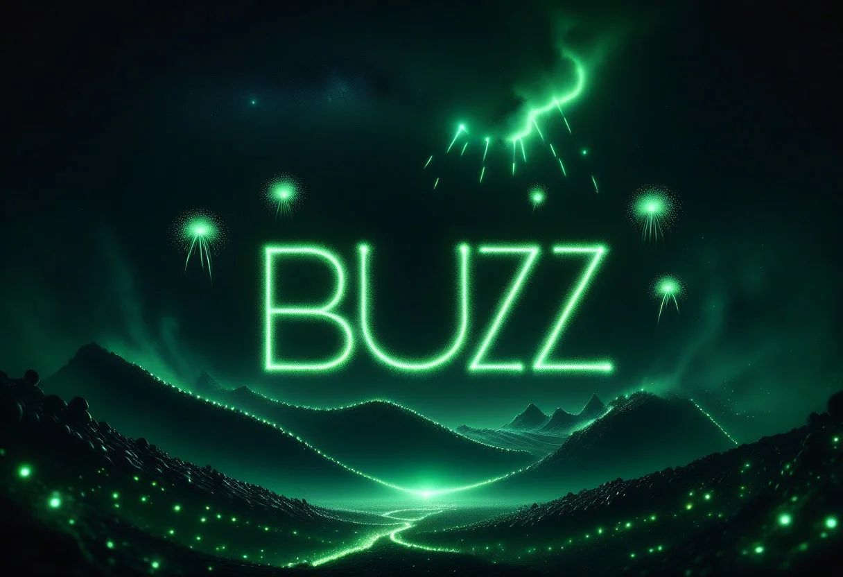A landscape image of a black sky on an alien planet. Along with tiny stars, the sky is lit up by green fireworks spelling out the word "BUUZZ"
Necron,, electricity, green glow, green theme, ral-firworx, (masterpiece) (best quality) (detailed) (8k) (HDR) (wallpaper) (cinematic lighting) (sharp focus) (intricate)