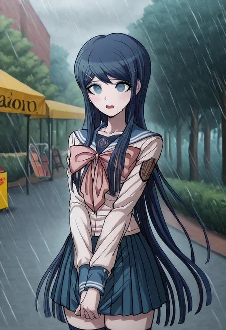 (((solo))), masterpiece, best quality, very aesthetic, modern, modern anime, newest, absurdres, highres, extreme long shot , expression conveying suden realization , (((solo))),danganronpa_(series),<lora:Sayaka_Maizono_Illustrious:1>, This is an anime screencap from Danganronpa 3. . Sayaka Maizono is enacting a jazz hands . Sayaka Maizono's expression is excited expression . Sayaka Maizono is interacting with landscape of a pleasant Street Food Hub, Raining, alluring The weather is tornado Sayaka Maizono has her long blue hair down. She is wearing the white and blue Hope's Peak Academy uniform with a white top. Her sleeves reach her wrists. She's wearing a light pink ribbon. She has a short, pleated, blue skirt. Sayaka Maizono wears navy blue thigh-high socks. Her footwear is dark brown Mary Janes shoes.